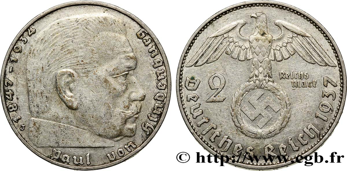 ALLEMAGNE 2 Reichsmark aigle surmontant une swastika / Maréchal Paul von Hindenburg 1937 Hambourg  TTB 