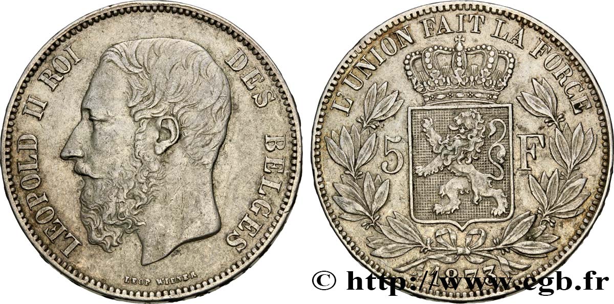 BELGIQUE 5 Francs Léopold II tranche position A 1873  TTB 