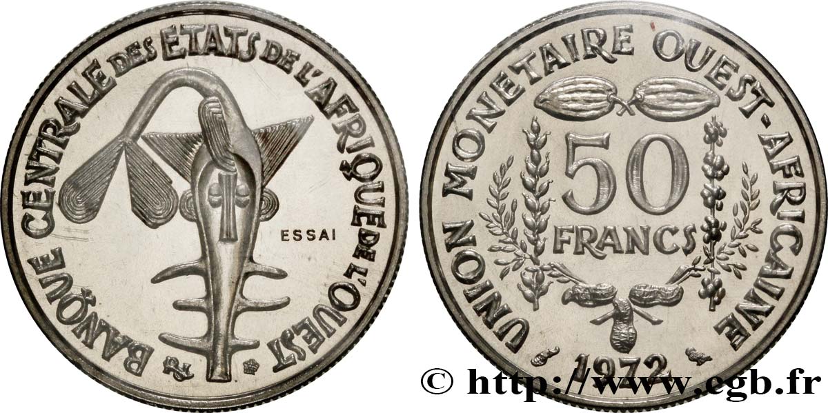 ÉTATS DE L AFRIQUE DE L OUEST (BCEAO) Essai 50 Francs masque 1972  SPL 
