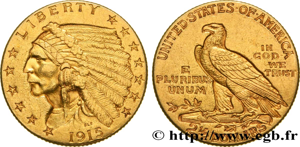 ÉTATS-UNIS D AMÉRIQUE 2 1/2 Dollars or (Quarter Eagle) type “tête d’indien”  1915 Philadelphie TTB+ 