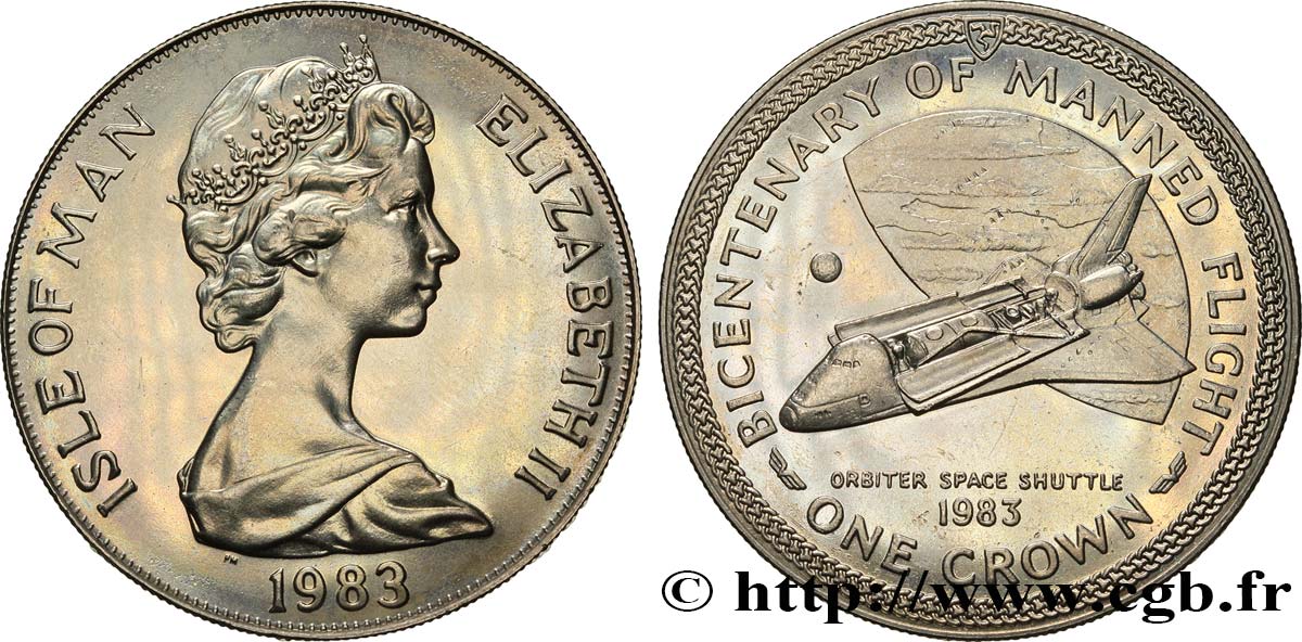 ISLE OF MAN 1 Crown bicentenaire du premier vol habité : Elisabeth II / navette “Orbiter” 1983  MS 