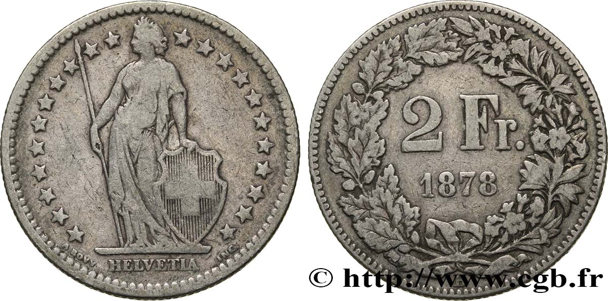 SUISSE 2 Francs Helvetia 1878 Berne - B TTB 