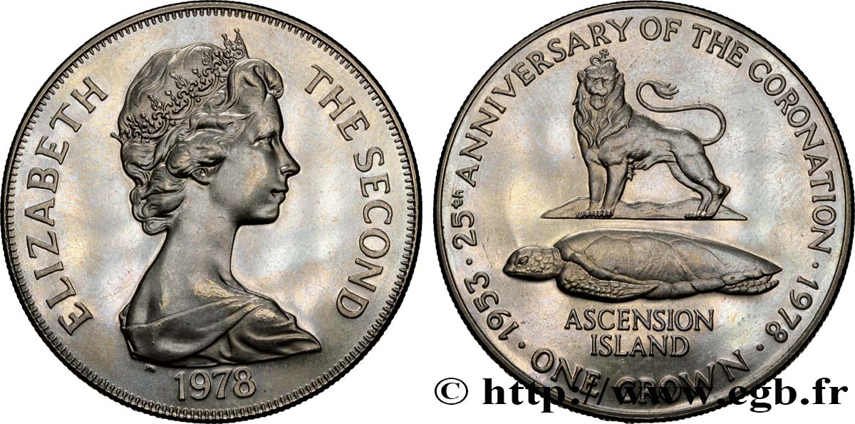 ASCENSION 1 Crown 25e anniversaire du couronnement : Elizabeth II / lion anglais et tortue marine 1978  SPL 