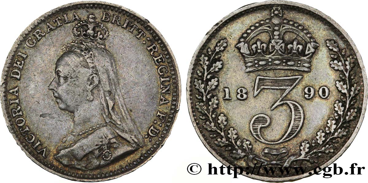 UNITED KINGDOM 3 Pence Victoria buste du jubilé 1890  XF 