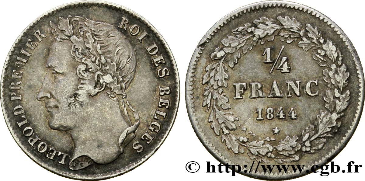 BELGIQUE 1/4 Franc Léopold tête laurée 1844  TTB 