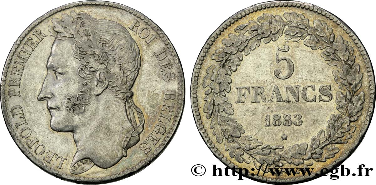 BELGIQUE 5 Francs Léopold Ier tranche B 1833  TTB+ 