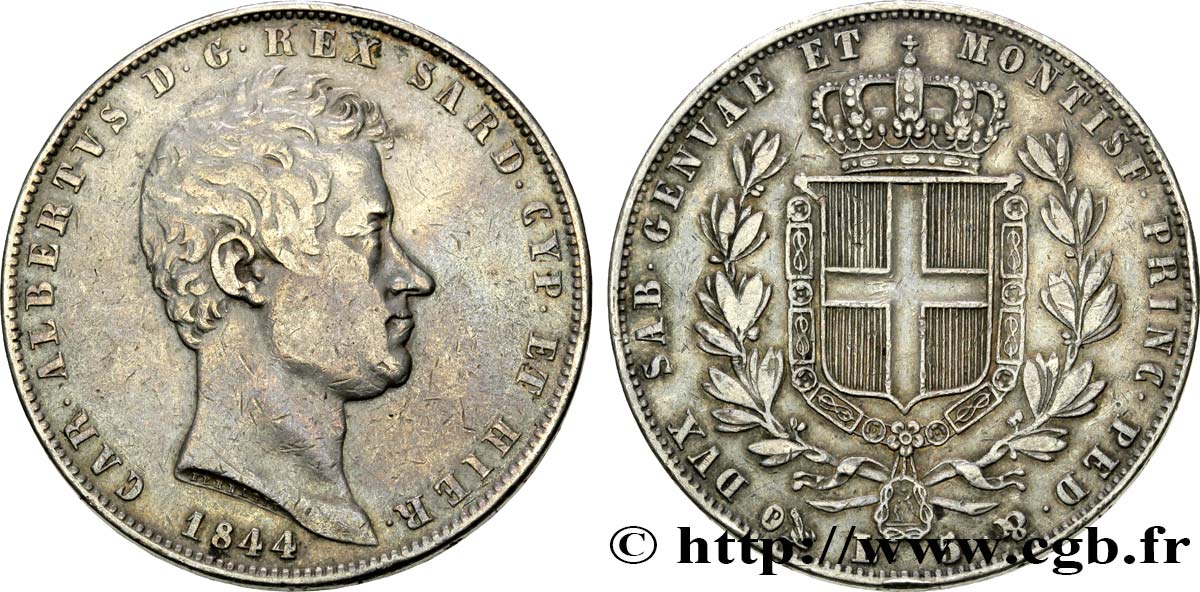 ITALY - KINGDOM OF SARDINIA 5 Lire Charles Albert 1844 Gênes XF 