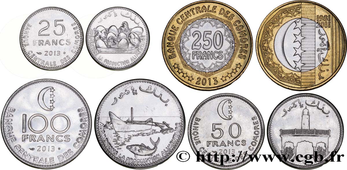 COMOROS lot de 4 monnaies 25, 50, 100 et 250 Francs 2013  MS 