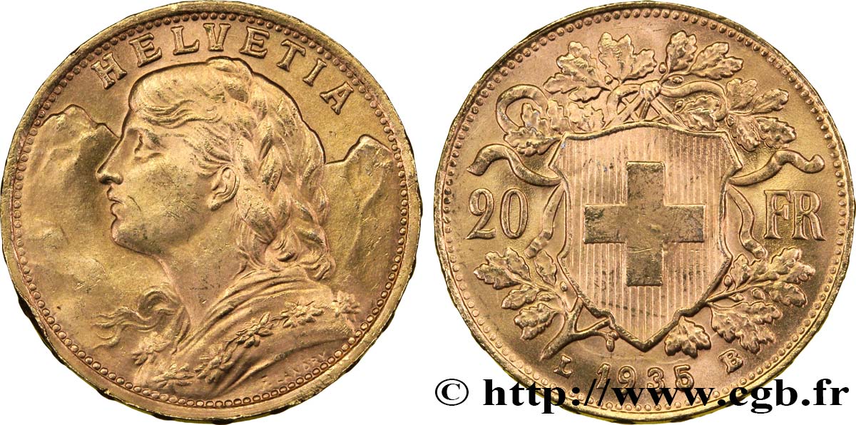 SCHWEIZ 20 Francs or  Vreneli  1935 Berne VZ 