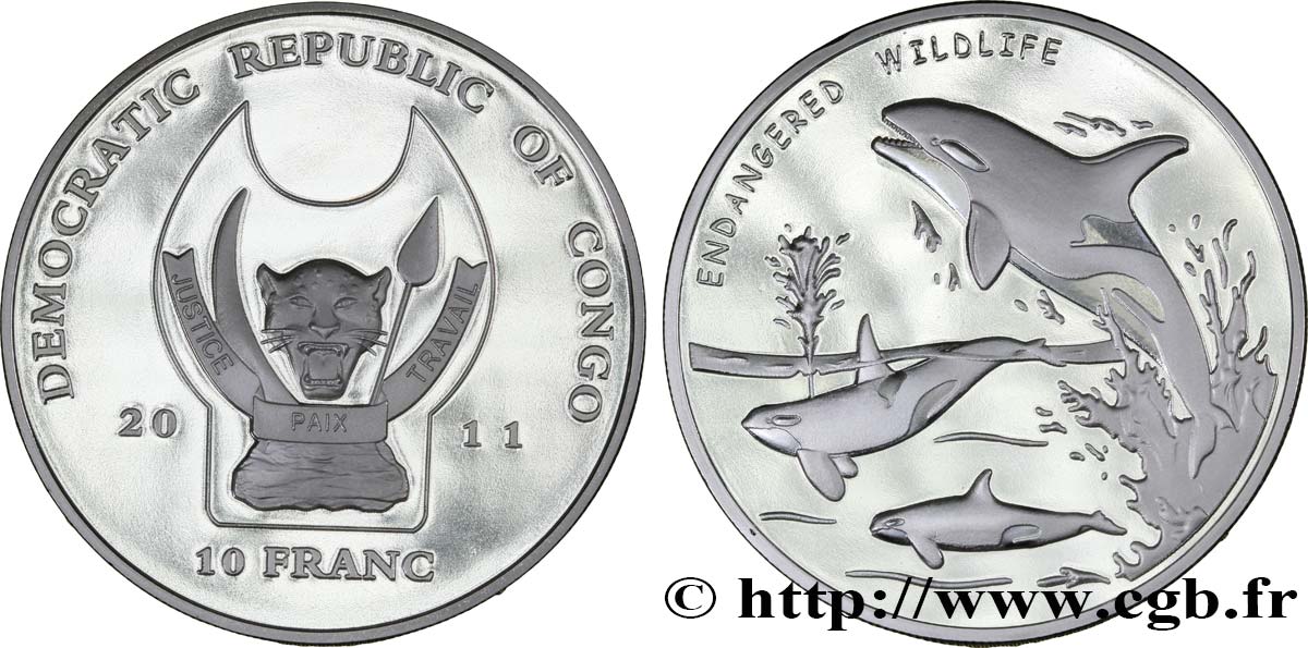 REPúBLICA DEMOCRáTICA DEL CONGO 10 Franc(s) Proof Espèces en danger : orque 2011  FDC 