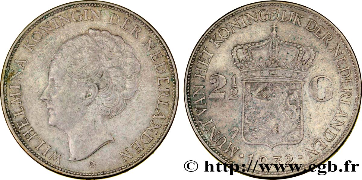 PAYS-BAS 2 1/2 Gulden Wilhelmina 1932  TTB 