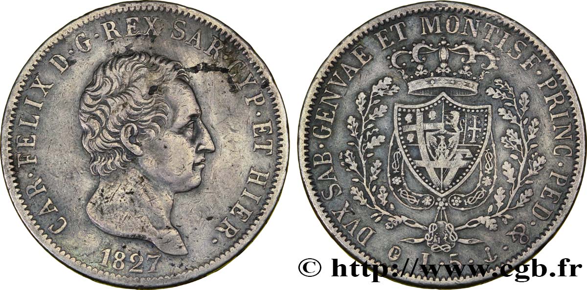 ITALIE - ROYAUME DE SARDAIGNE 5 Lire Charles Félix, roi de Sardaigne 1827 Gênes TTB