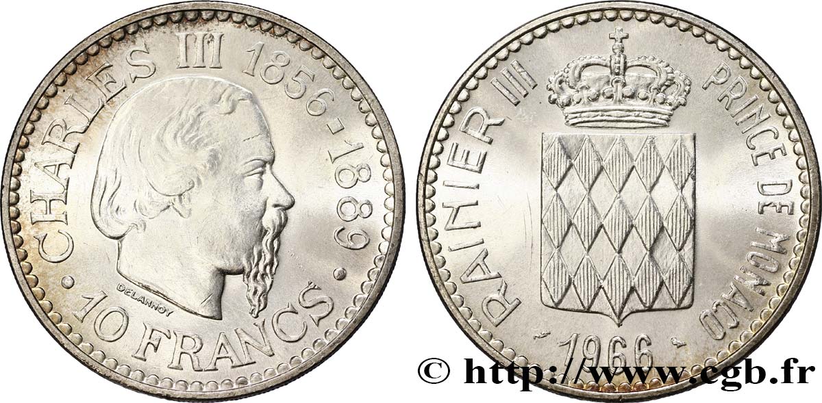 MONACO 10 Francs Charles III / écu couronné 1966 Paris SUP+ 