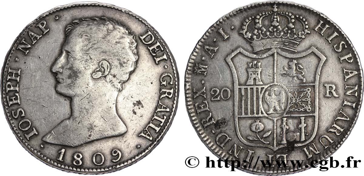 ESPAGNE - ROYAUME D ESPAGNE - JOSEPH NAPOLÉON 20 reales ou 5 pesetas 1809 Madrid TB+ 