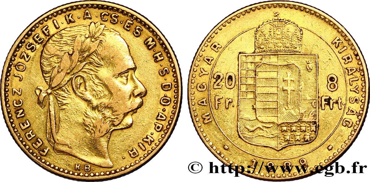 HONGRIE 20 Francs or ou 8 Forint François-Joseph Ier 1889 Kremnitz TB+ 