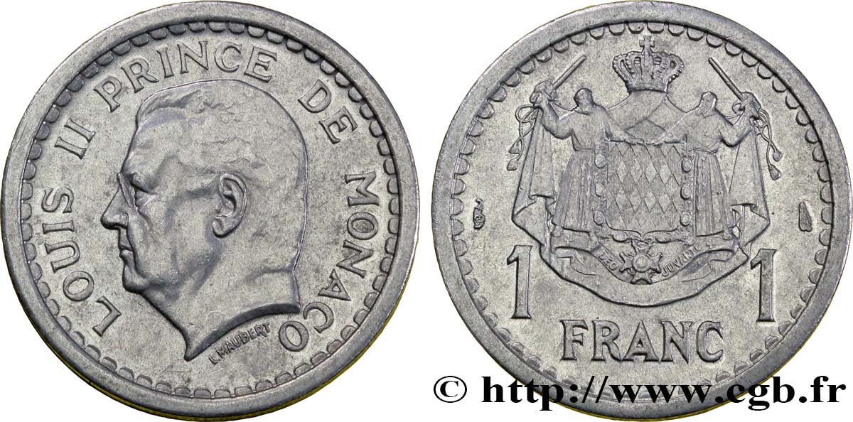 MONACO 1 Franc Louis II / armes 1943 Paris MBC+ 