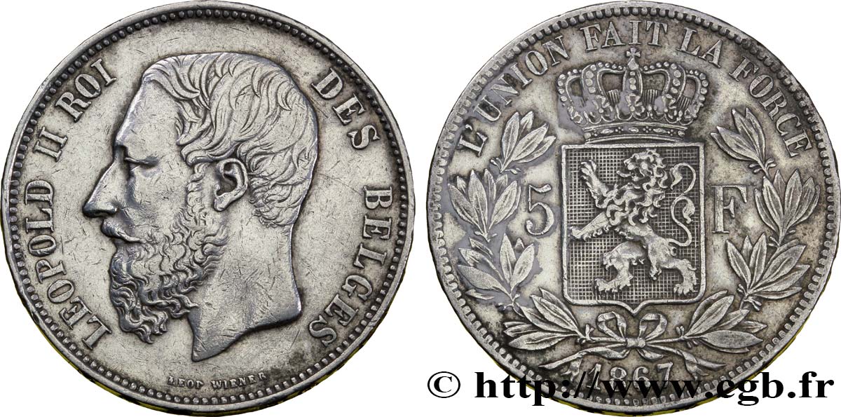 BELGIUM 5 Francs Léopold II tranche A 1867  VF 
