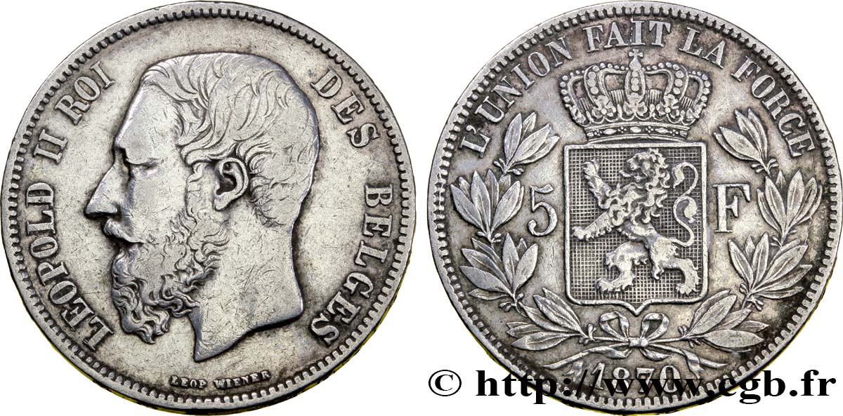 BELGIUM 5 Francs Léopold II tranche A 1870  VF 