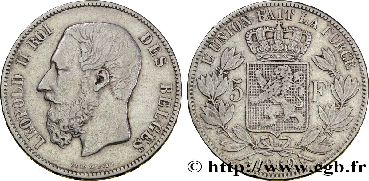 BELGIUM 5 Francs Léopold II tranche A 1869  VF 