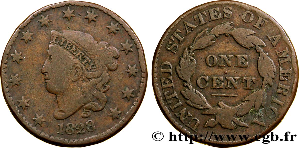 UNITED STATES OF AMERICA 1 Cent Liberté “Braided Hair” 1828  VF 