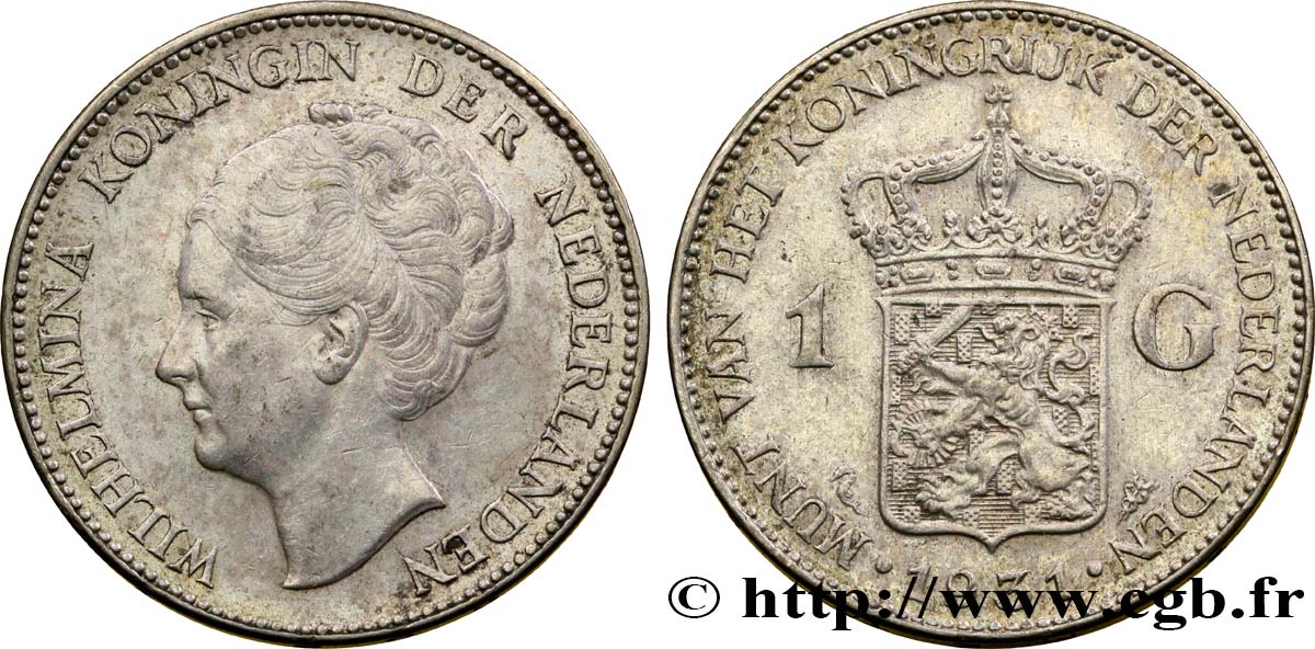 NETHERLANDS 1 Gulden Wilhelmina 1931  AU 