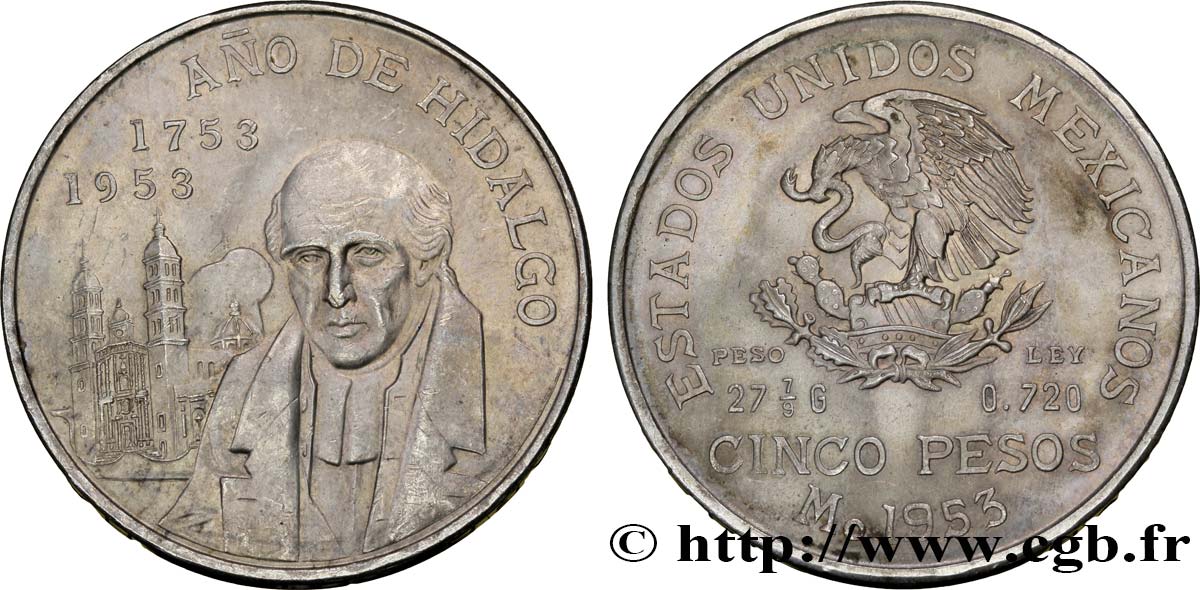 MEXICO 5 Pesos Bicentenaire de la naissance d’Hidalgo 1953 Mexico AU 