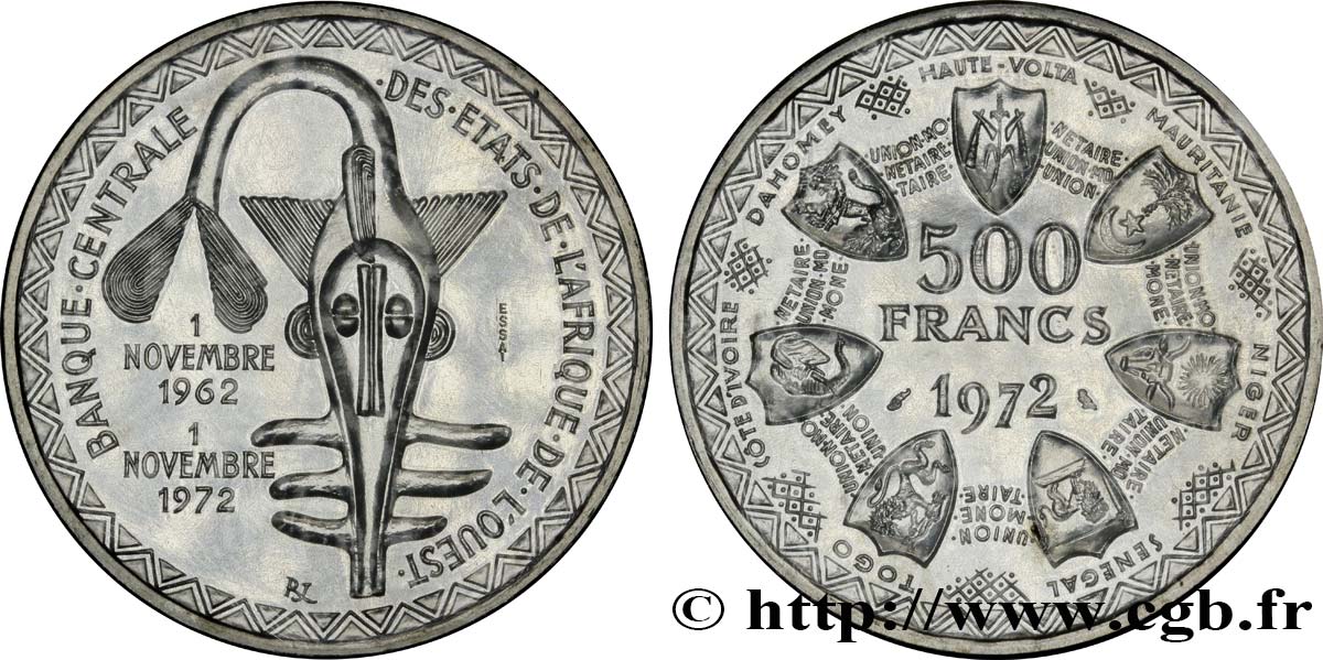ÉTATS DE L AFRIQUE DE L OUEST (BCEAO) Essai de 500 Francs masque / blason des différents états 1972 Paris FDC 