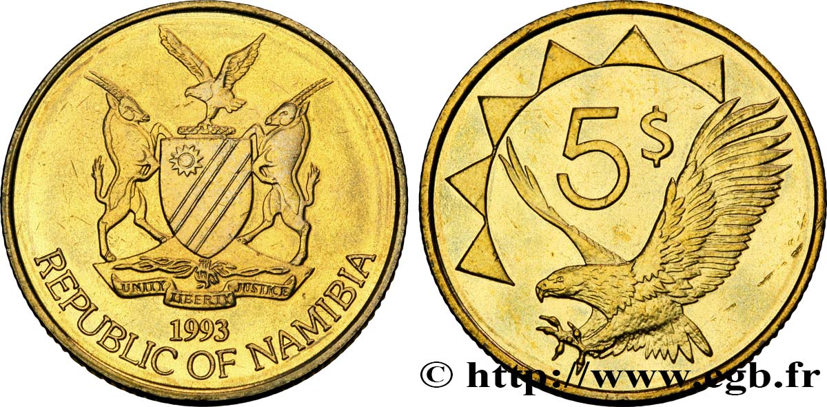 NAMIBIA 5 Dollars armes / Aigle plongeur d’Afrique 1993  MS 