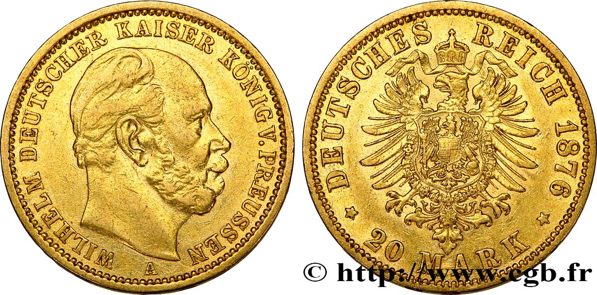 ALEMANIA - PRUSIA 20 Mark Guillaume Ier, 2e type 1876 Berlin MBC 