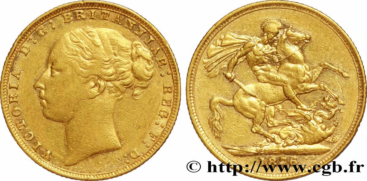 ROYAUME-UNI 1 Souverain Victoria buste jeune / Saint-Georges terrassant le dragon 1876
 Londres TTB 