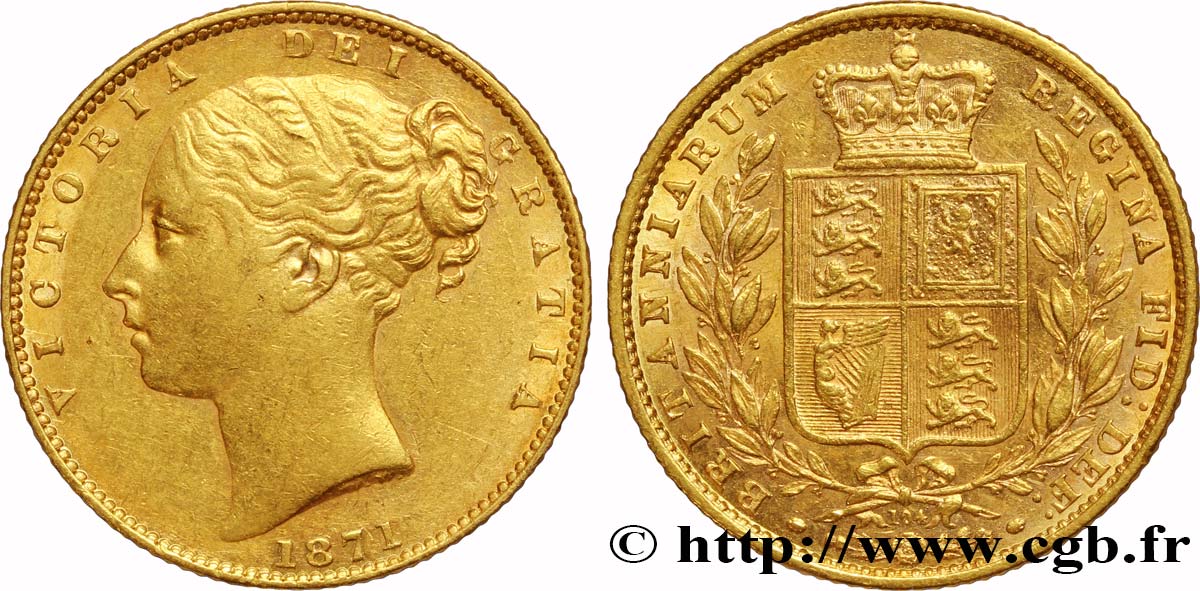 ROYAUME-UNI 1 Souverain Victoria buste jeune variété avec numéro de coin, coin n°104 1871 Londres TTB+ 