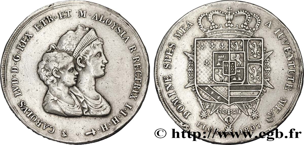 ITALY - KINGDOM OF ETRURIA Dena ou 10 Lire Charles-Louis et Marie-Louise, 2e type 1807 Florence XF 