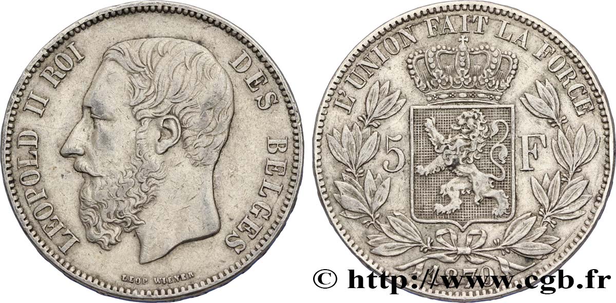 BELGIQUE 5 Francs Léopold II tranche A 1870  TTB 