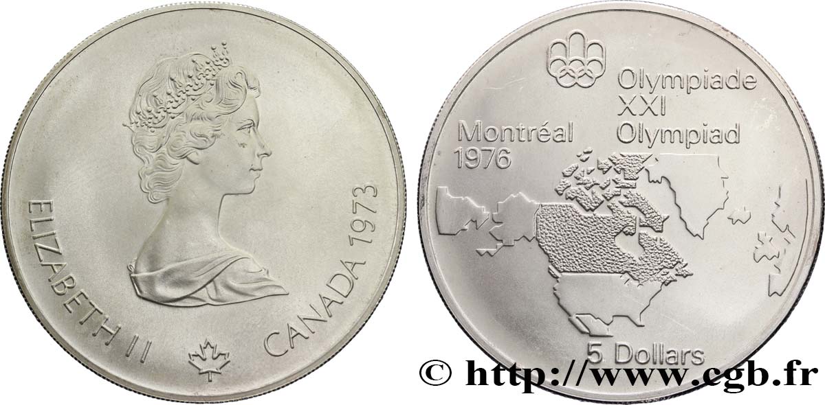 CANADA 5 Dollars JO Montréal 1976 carte de l’Amérique du Nord / Elisabeth II 1973  SPL 