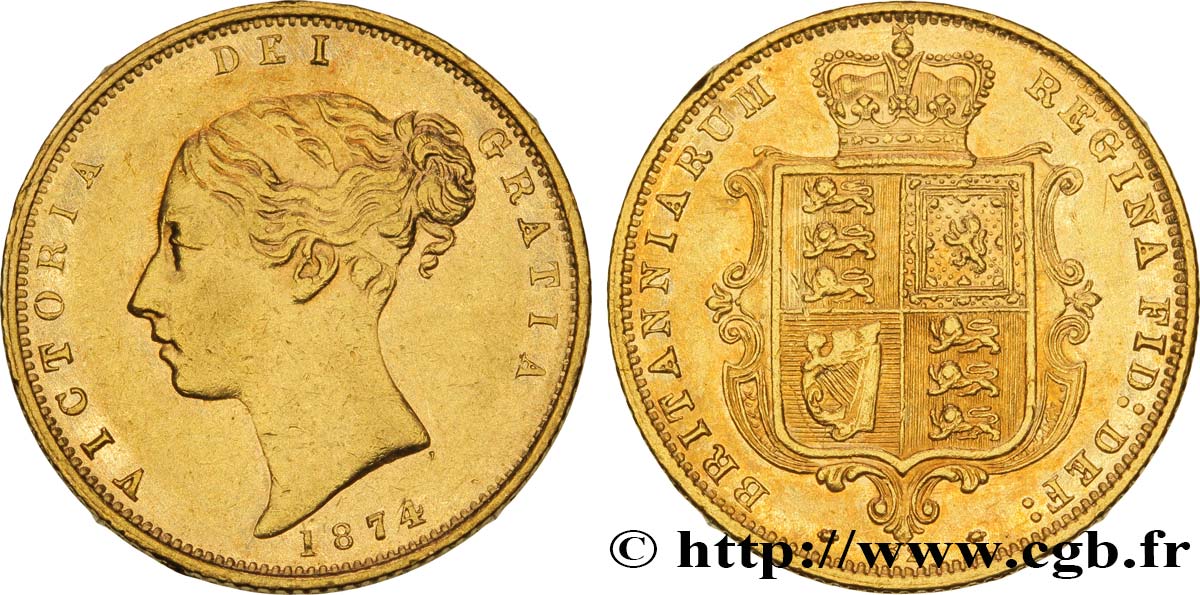 ROYAUME-UNI 1/2 Souverain Victoria buste jeune / blason type avec coin numéroté : coin n°52 1874 Londres TTB 