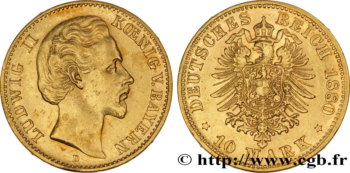 ALLEMAGNE - BAVIÈRE 10 Mark Louis II de Bavière 1880 Münich TTB 
