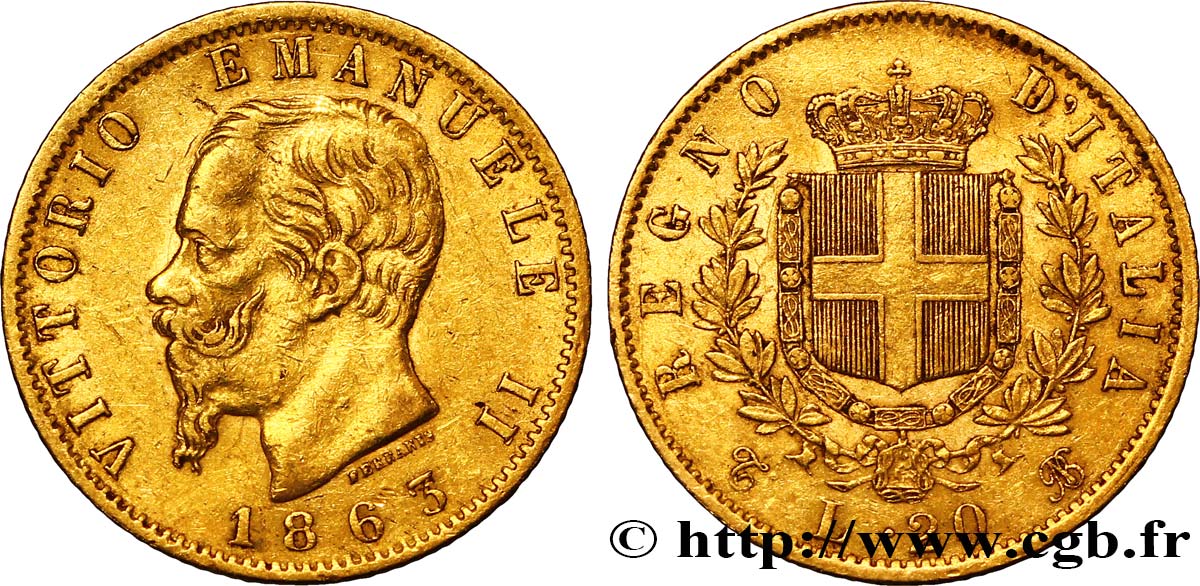 ITALIEN 20 Lire Victor Emmanuel II  1863 Turin SS 