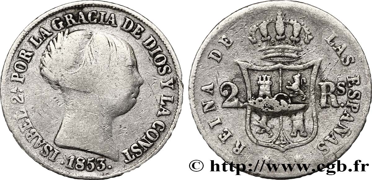 SPAIN 2 Reales  Isabelle II  1853 Barcelone VF 