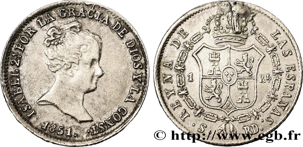 ESPAGNE 1 Real Isabelle II  1851 Séville TTB+ 