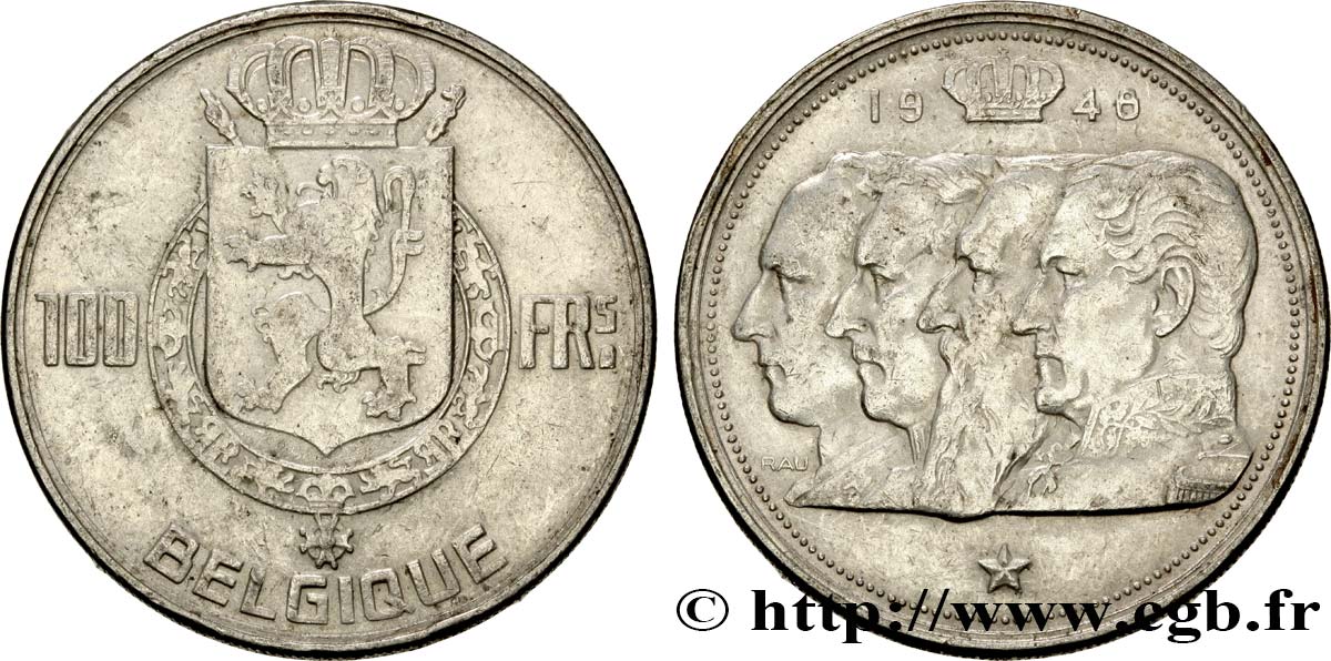 BELGIQUE 100 Francs bustes des quatre rois de Belgique, légende française 1948 TTB
