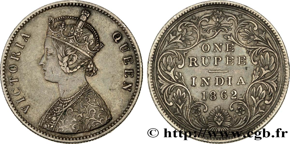 INDES BRITANNIQUES 1 Roupie Victoria 1862  TTB+ 