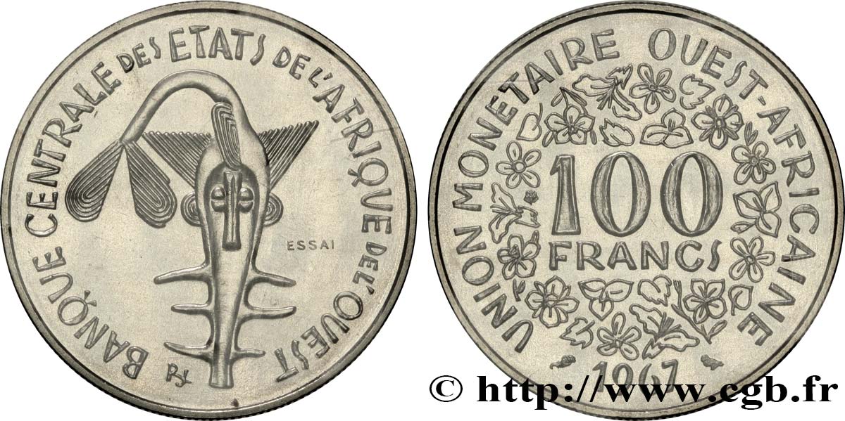 ÉTATS DE L AFRIQUE DE L OUEST (BCEAO) Essai de 100 Francs masque sous sachet d’origine sans liseré tricolore 1967 Paris FDC 