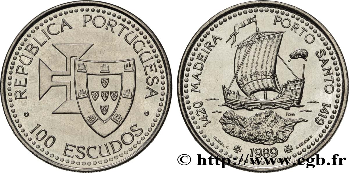 PORTUGAL 100 Escudos Découvertes Portugaises de Madère 1420 et Porto Santo 1419 1989  SPL 