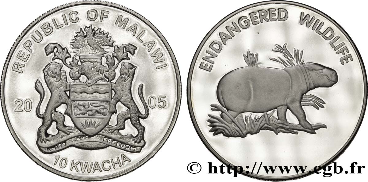 MALAWI 10 Kwacha série Faune en danger : emblème / hippopotame pygmée  2005  FDC 
