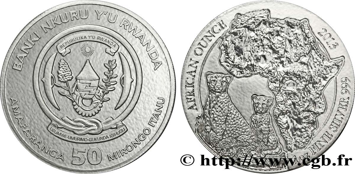 RWANDA 50 Francs (1 once) emblème / léopards et carte de l’Afrique 2013  FDC 