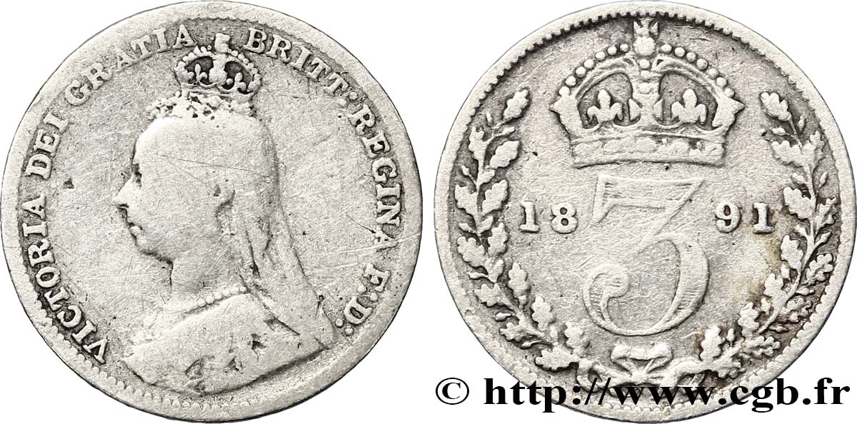 ROYAUME-UNI 3 Pence Victoria buste du jubilé 1891  B+ 