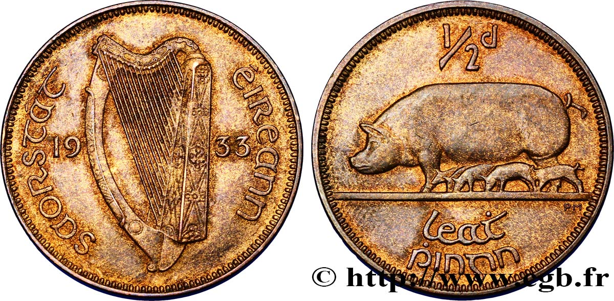 IRELAND - FREE STATE Un demi-penny 1933  MS62 