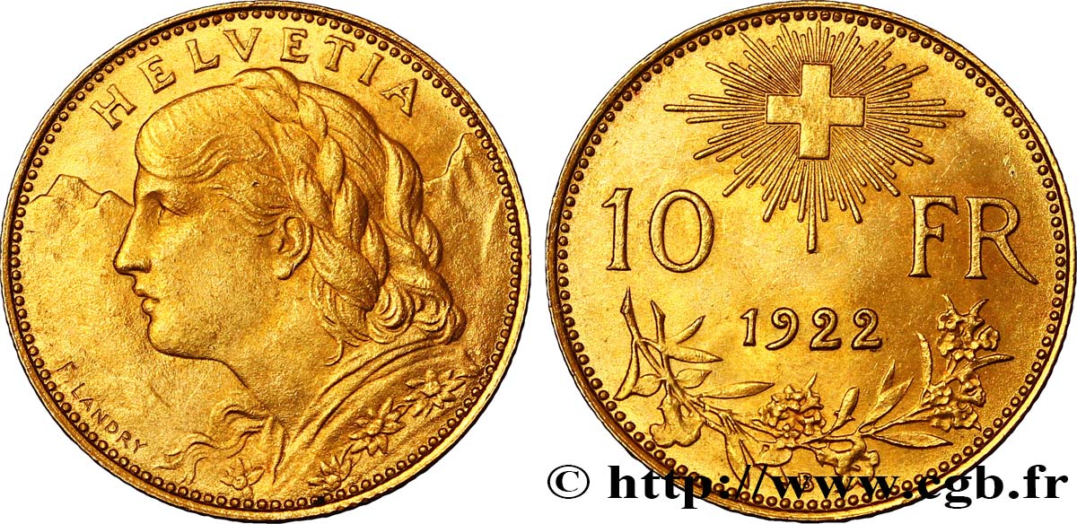 SUISSE 10 Francs or  Vreneli  1922 Berne SUP 