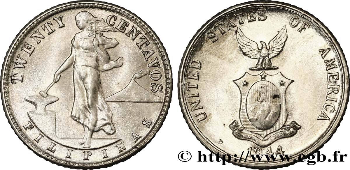 PHILIPPINES 20 Centavos - Administration Américaine 1944 Denver MS 