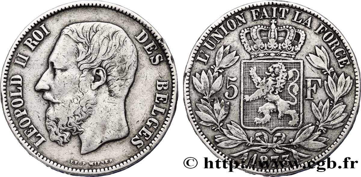 BÉLGICA 5 Francs Léopold II tranche position A 1873  BC+ 